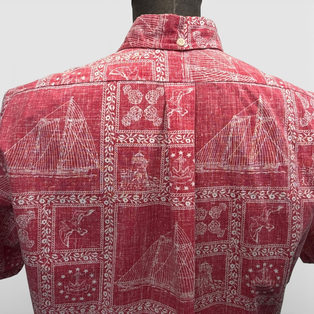 Reyn Spooner Hawaiian Shirt Mens M Red Nautical Reserve Block Print Pullover